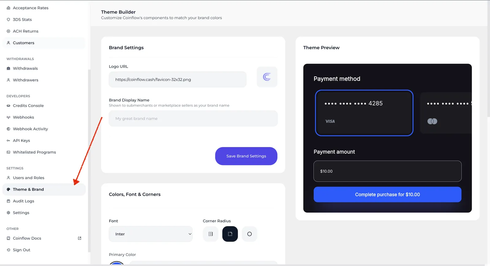 View of Theme & Brand Configuration Settings on the Merchant Dashboard