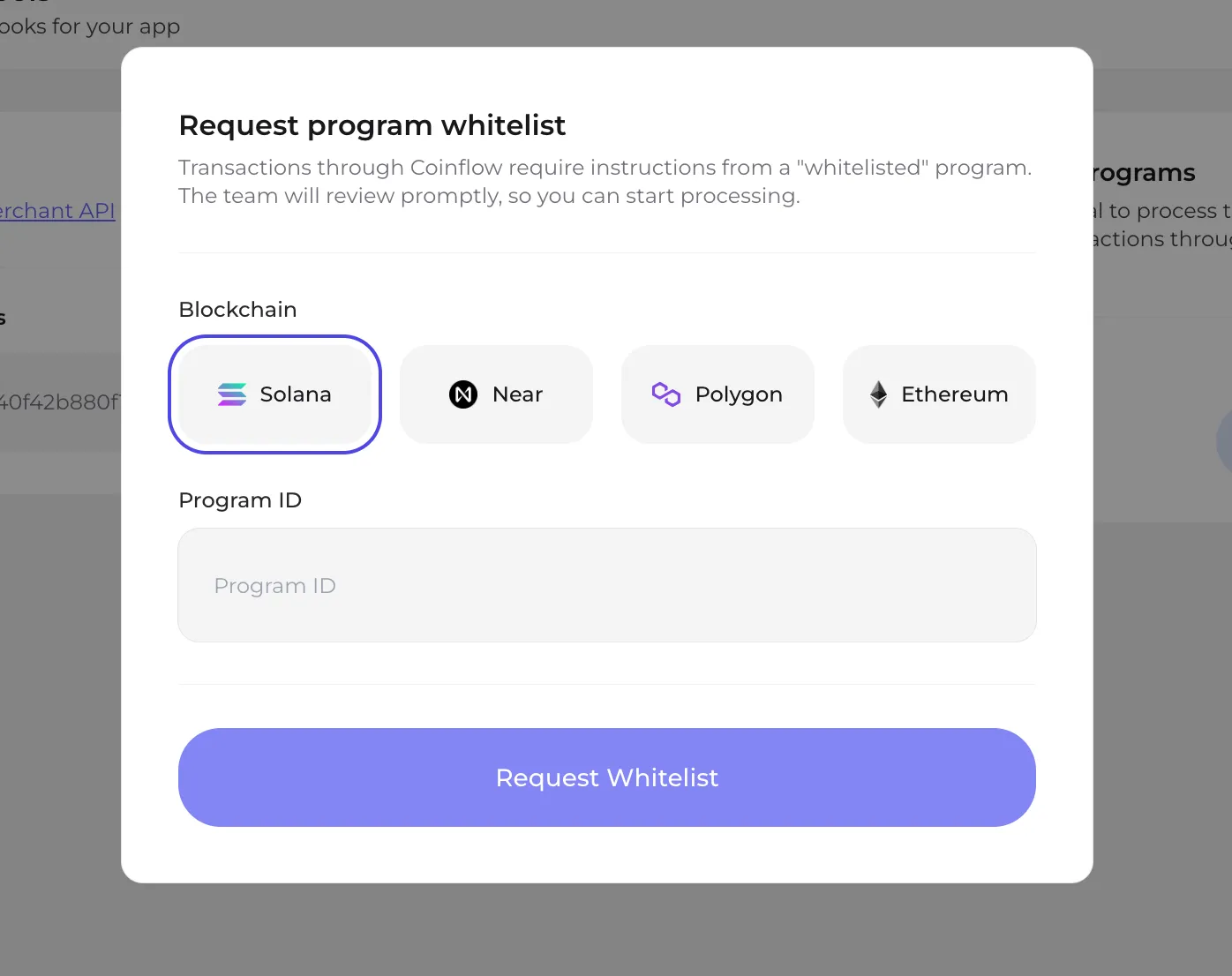 How to specify the program id and chain to whitelist your program on.