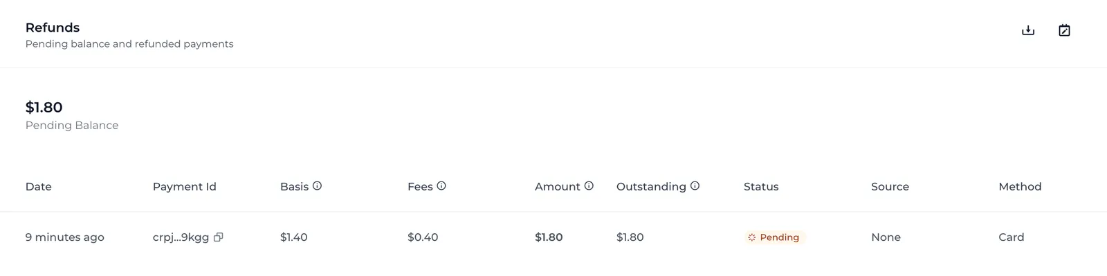 View of the Refunds tab from the Merchant dashboard.