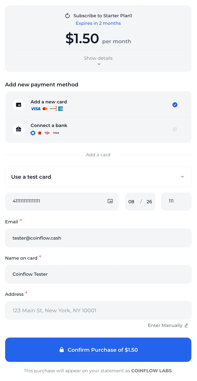 How the `CoinflowPurchase` component looks configured for an existing subscription plan.