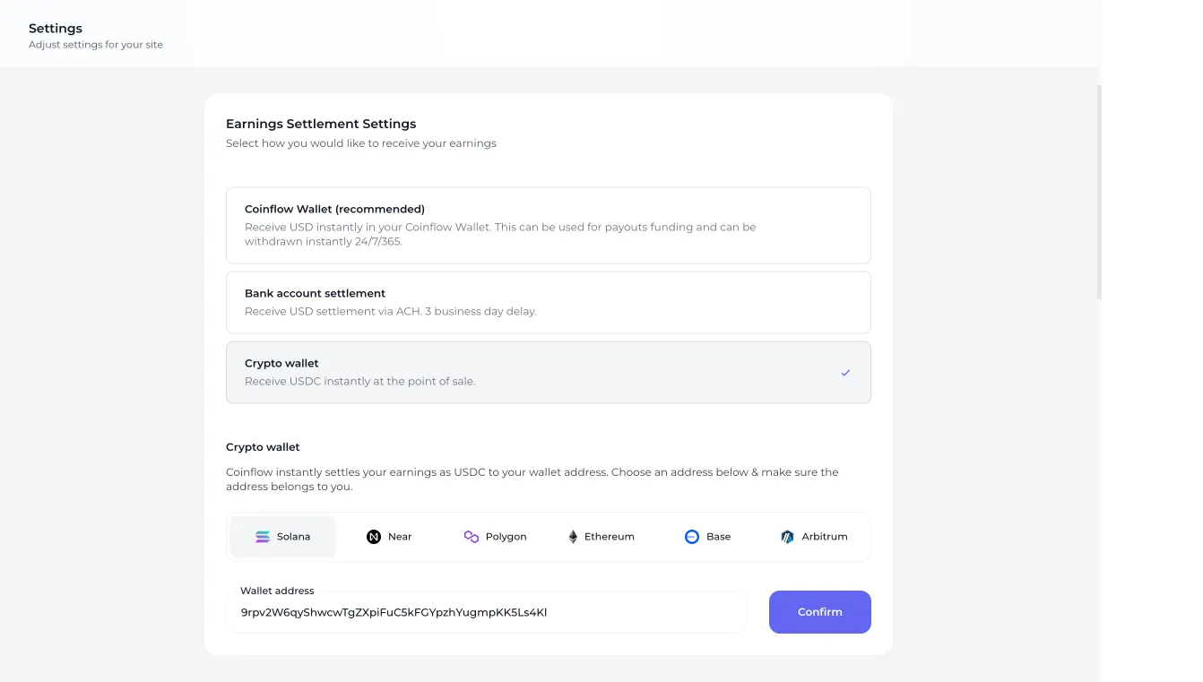 How to Configure settlement settings to a Merchant owened crypto wallet