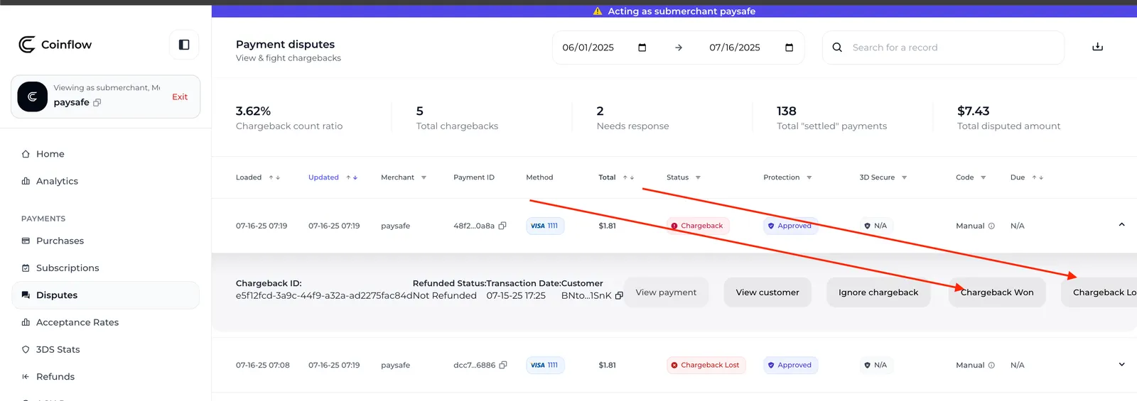 How to force a chargeback outcome (Note: this action is only allowed on sandbox for testing)
