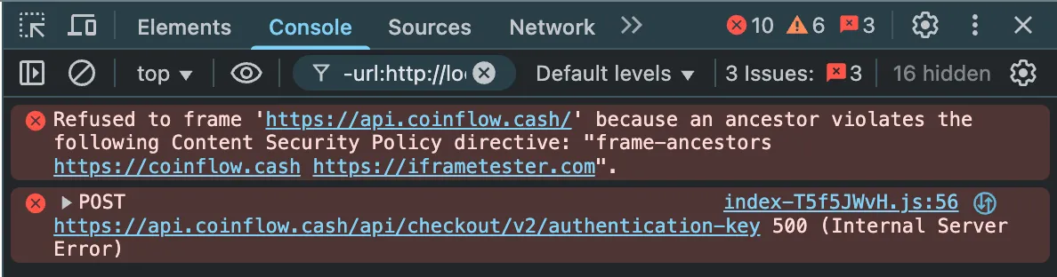 Console error shown when attempting to render checkout from an unapproved domain