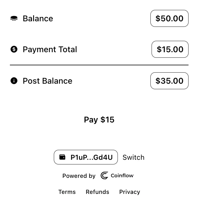 User is prompted to complete purchase - Balance shows the payer's available credits